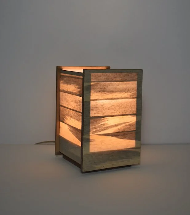  ponderosa pine veneer lamp  6 × 6 × 9”  ponderossa pine, hardwood frame  2025  $600   