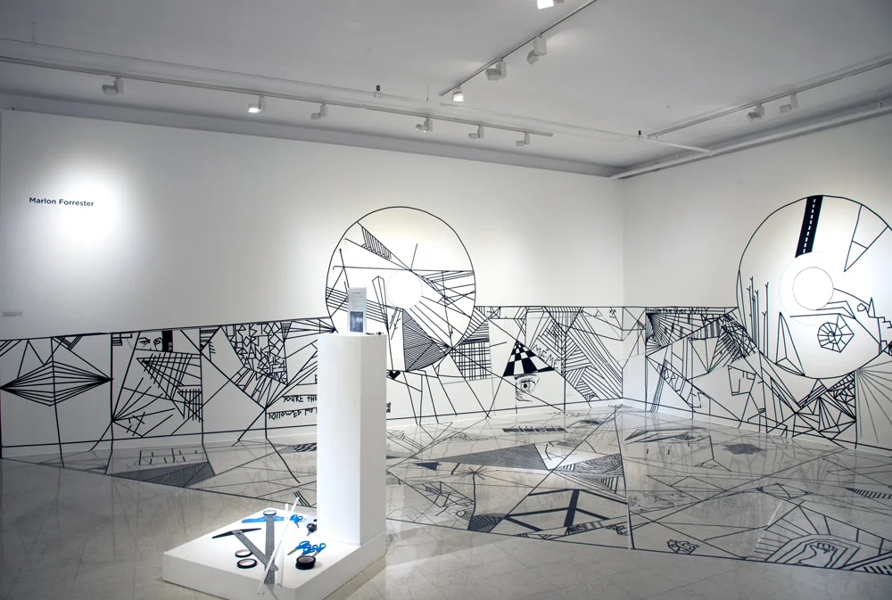  Installation image of Center Court: Exploring Sacred Geometry through Line  pedestal, black tape on wall and floor  25'x17'x35'  2016 