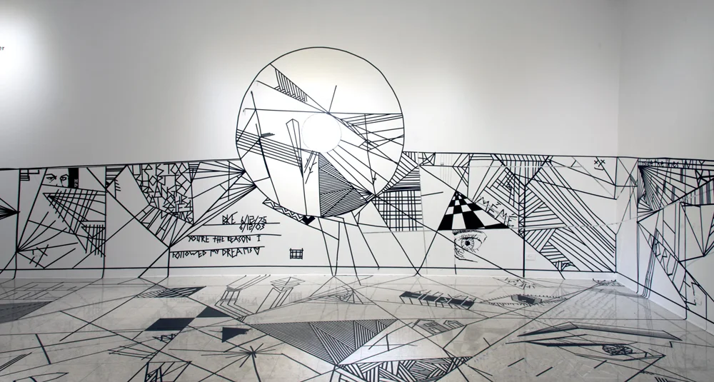  Installation image of Center Court: Exploring Sacred Geometry through Line  pedestal, tape on wall and floor  25'x17'x35'  2016 