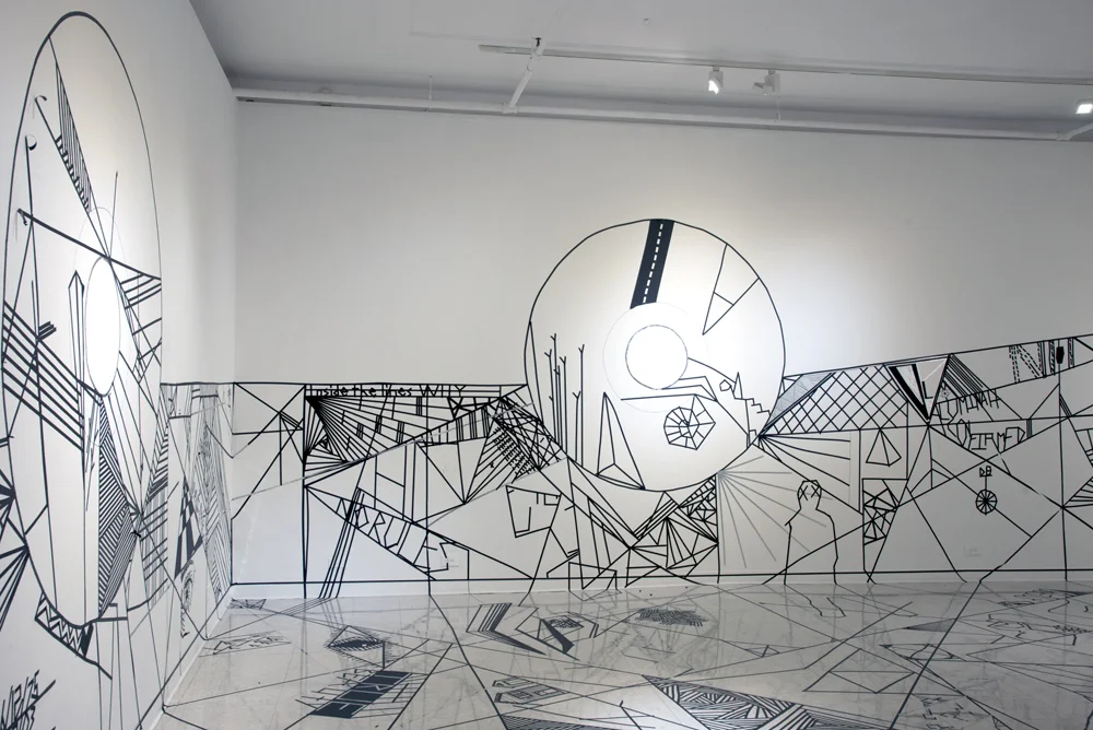  Installation image of Center Court: Exploring Sacred Geometry through Line  pedestal, tape on wall and floor  25'x17'x35'  2016 