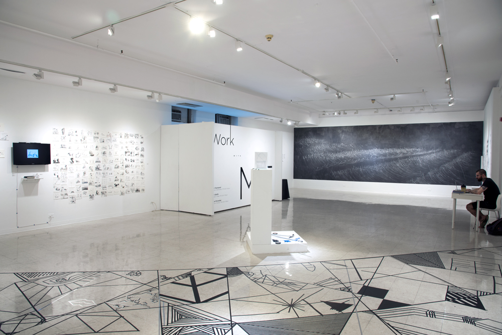  Installation image of Center Court: Exploring Sacred Geometry through Line  pedestal, tape on wall and floor  25'x17'x35'  2016 