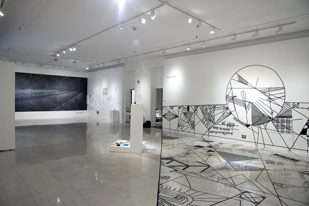  Installation image of Center Court: Exploring Sacred Geometry through Line  pedestal, tape on wall and floor  25'x17'x35'  2016 