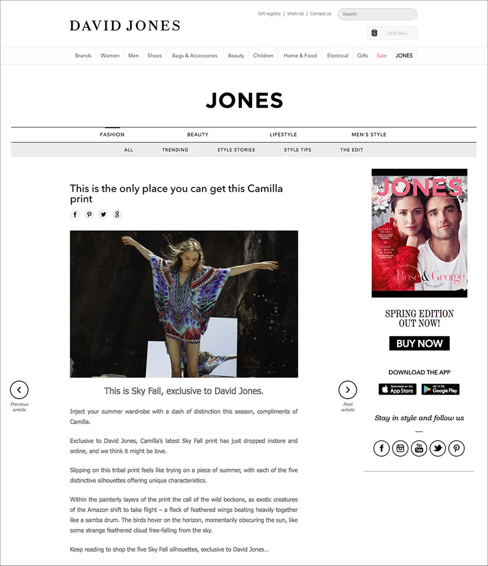Copywriting for CAMILLA exclusive print featured in Jones Magazine blog post