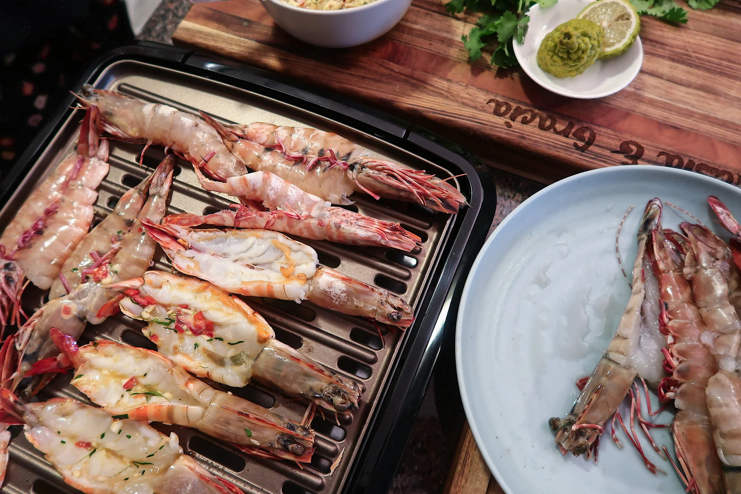 Grilled Prawns with Garlic, Chilli and Kaffir Lime Butter 