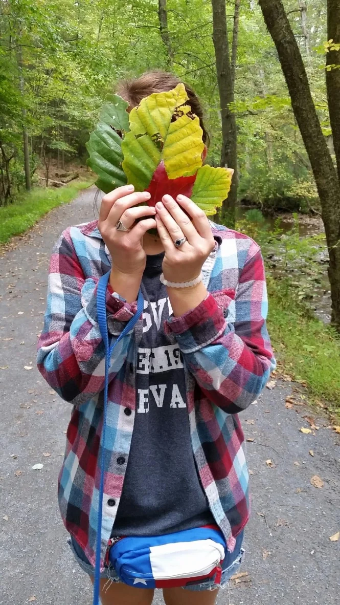 Leaf collecting on the trail. Yes I wear a fanny pack! (:
