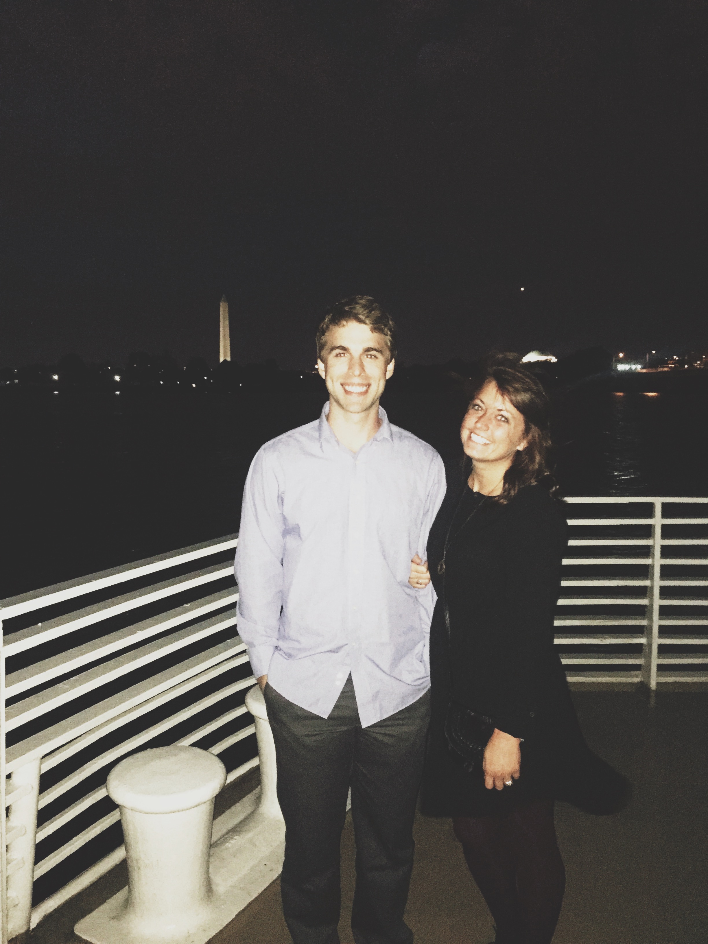 Celebrating our first wedding anniversary on a dinner cruise in DC while Joel worked in MD. 