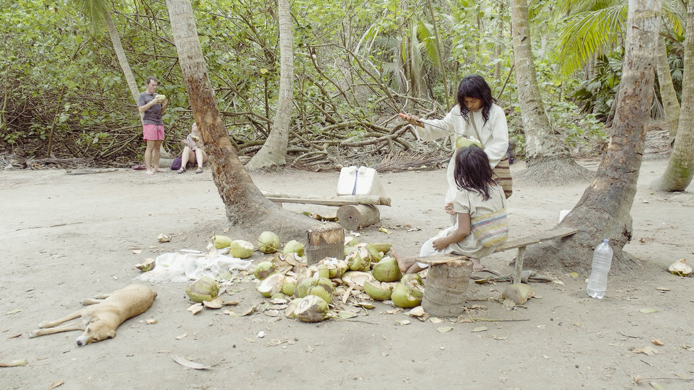 Tayrona kids cutting coconuts