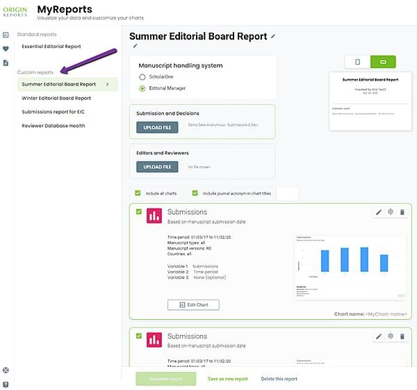  - The MyReports feature lets you create and save Custom Reports.  Add as many charts as you want into your custom report.  Later, you can go directly to MyReports, upload your new data set, and generate your updated report.  It’s that easy. Nothing to figure out.  Nothing to remember.