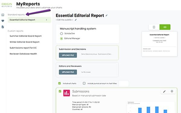  - If you don’t have time to create custom reports, then use one of our Standard Reports in the MyReports section.  Our Standard Reports have been designed by our editorial reporting expert, Jason Roberts, to ensure that you have the charts you need to help your team visualize the health of your journal.  Within 5 minutes of uploading your data, you can generate and download an entire report full of charts and tables designed to give journal offices the information they need to make data-driven decisions.