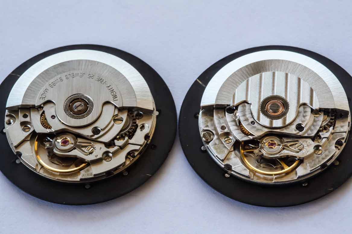 In terms of overall finishing, the standard grade ETA 2824-2 (left) pales in comparison to the STP 1-11 (right).