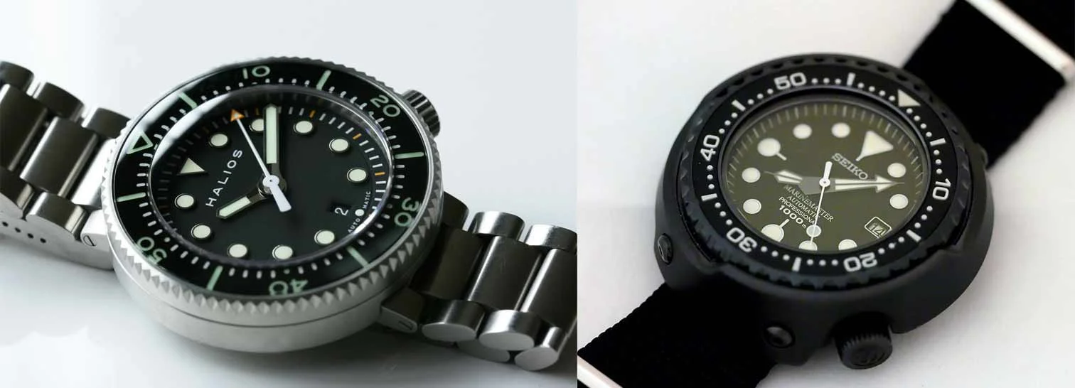 The Halios Puck II shares a few characteristics with the Seiko Tuna but is very much its own watch. Photo credit: halioswatches.com / fratellowatches.com