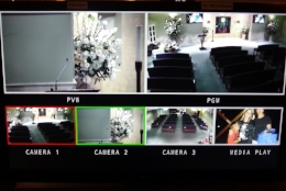 This monitor screen allows the operator to see at all times the view from each of the 3 cameras as well as the output of the media player and what is being Recorded.