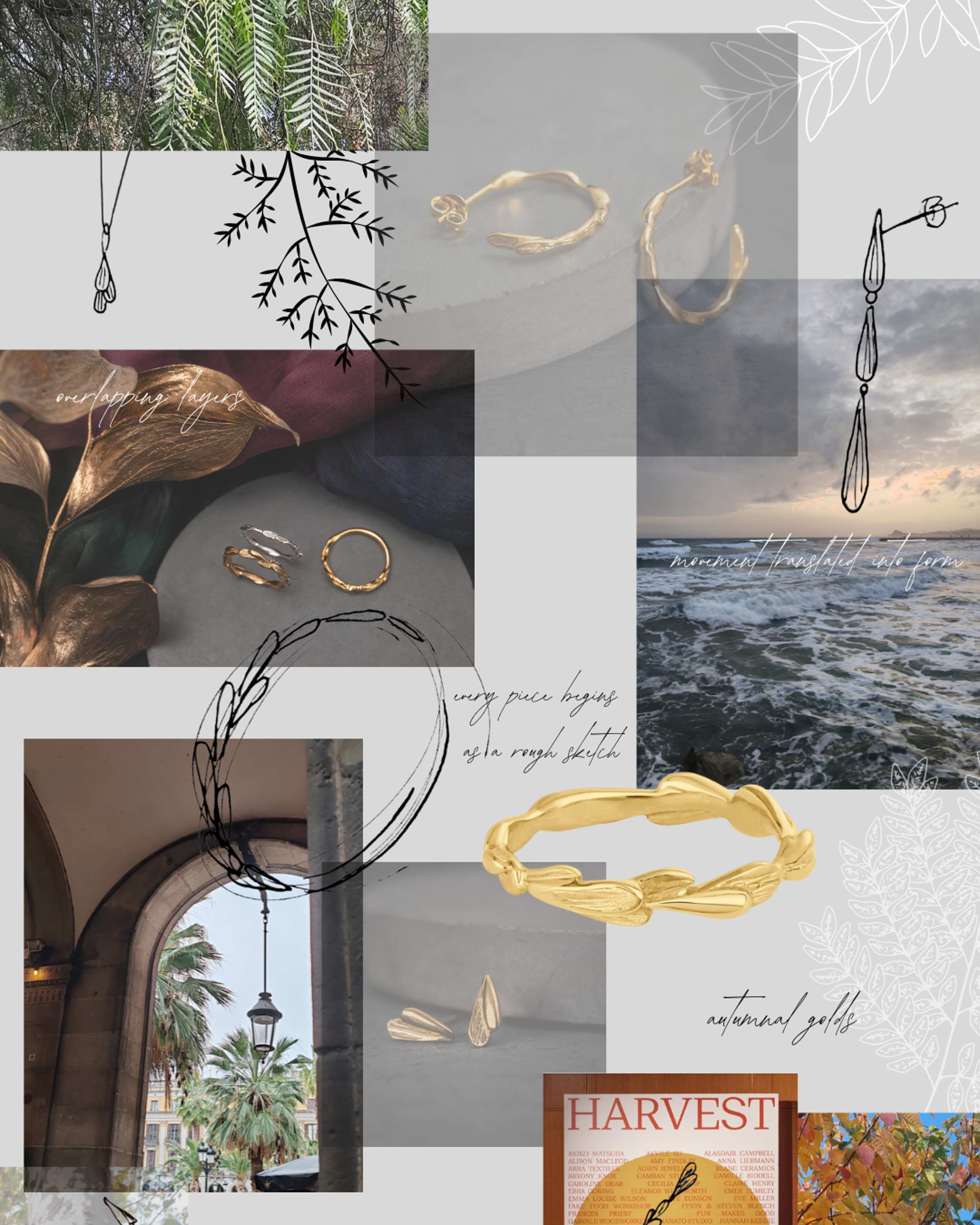 This image is a collage of inspiration images, jewellery designs, text and sketches. Inspiration images are various natural textures, leaves, and flowers.