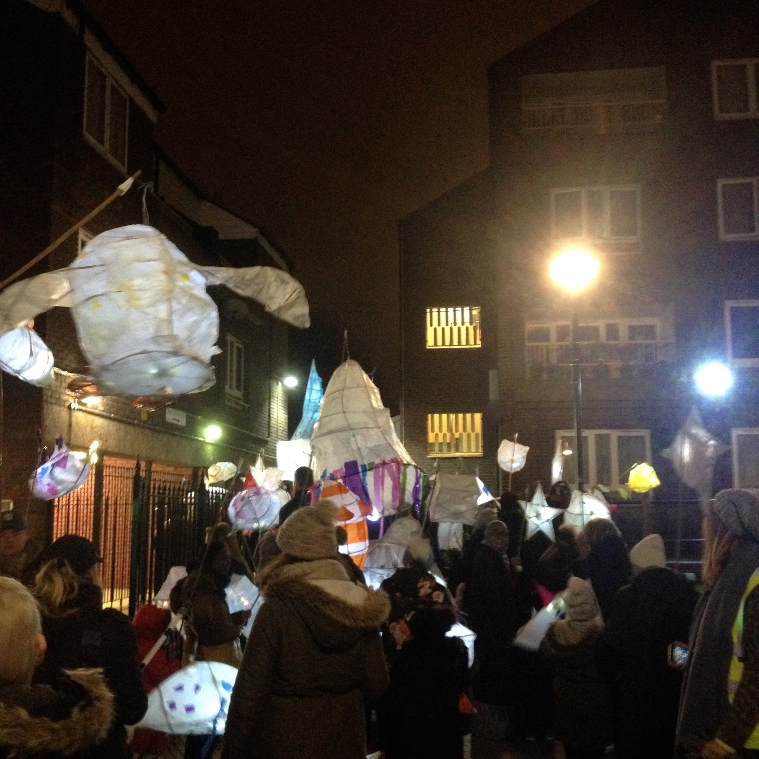 community-made light parade lanterns in action around the estate!