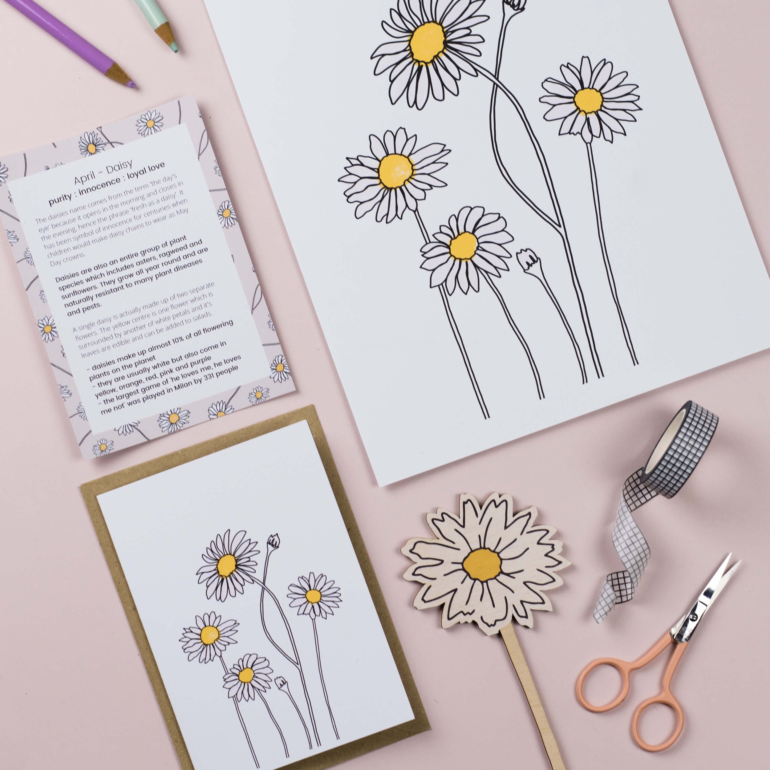 Daisy print, card and wooden flower.jpg