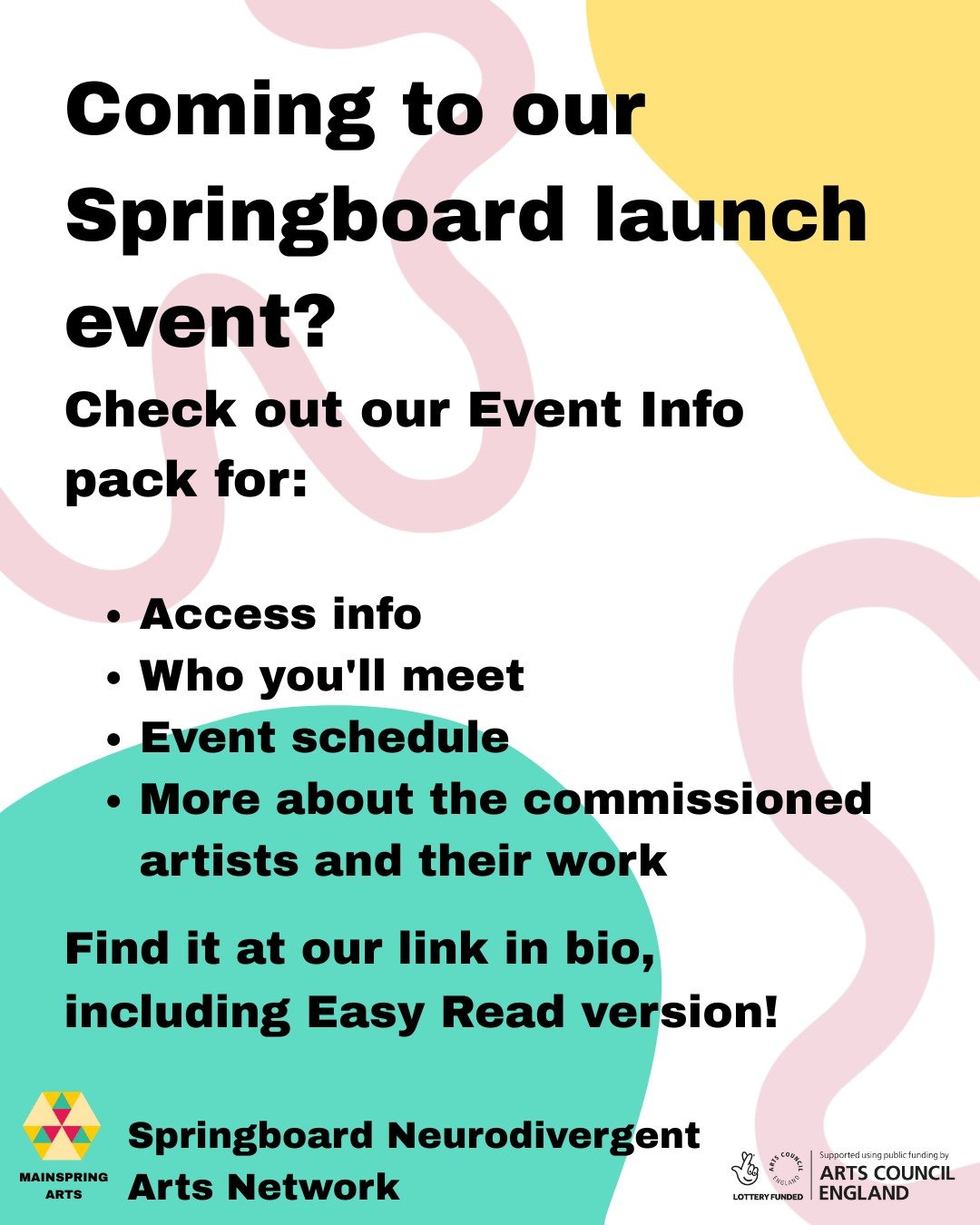 Coming to our Springboard launch event? Wondering what to expect?

Then take a look at our Event Info pack for:

⭐ Access info
⭐ Who you'll meet
⭐ Event schedule
⭐ More about our artist commissions @e_numbers_ @entangledartistlife @maddiemorrismusic 