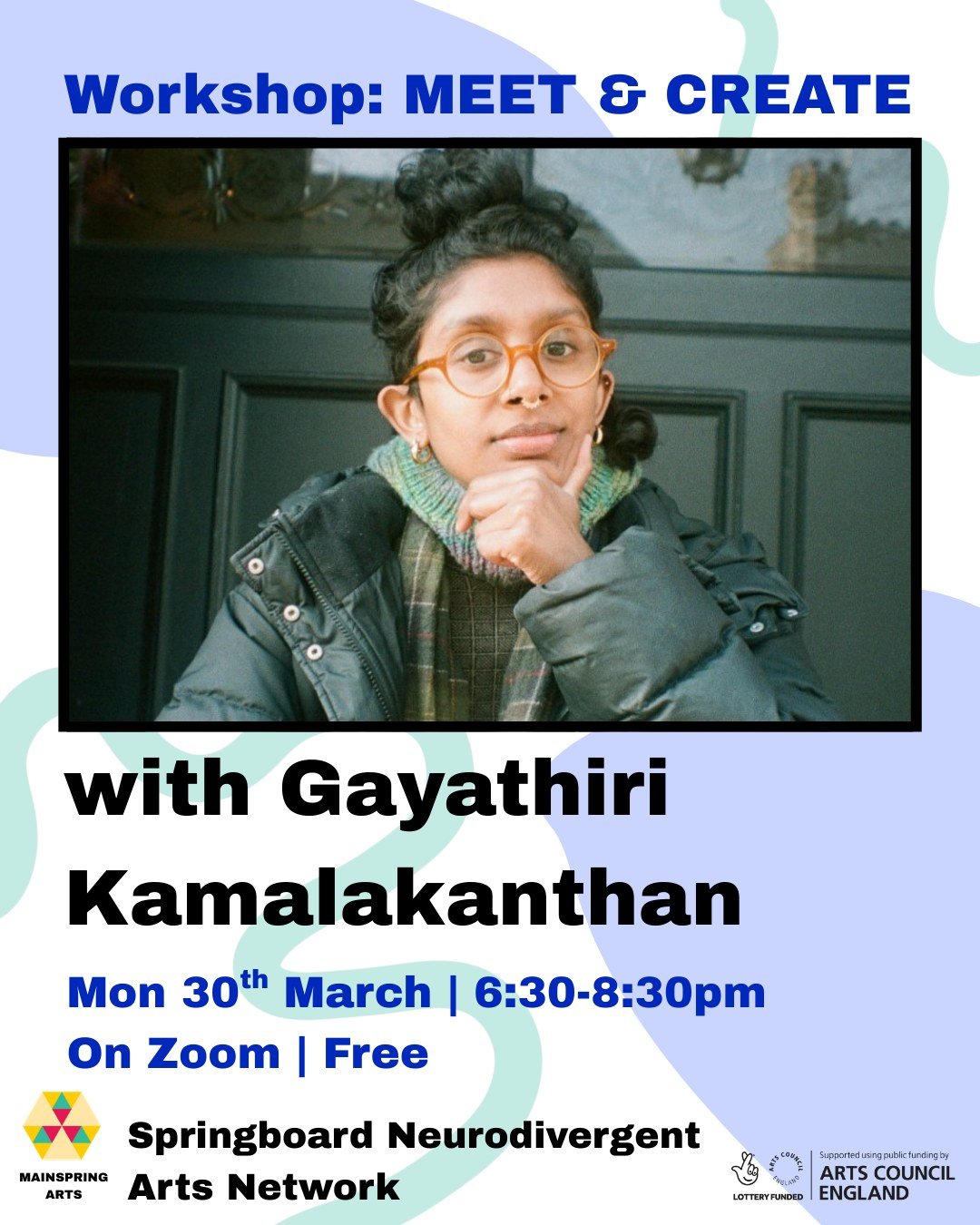 We're so excited to announce the very first event of Springboard Neurodivergent Arts Network!

MEET &amp; CREATE with Gayathiri Kamalakanthan
Mon 30th March, 6:30 - 8:30pm

In this free online workshop, award-winning writer Gayathiri will:

🟣 Share 