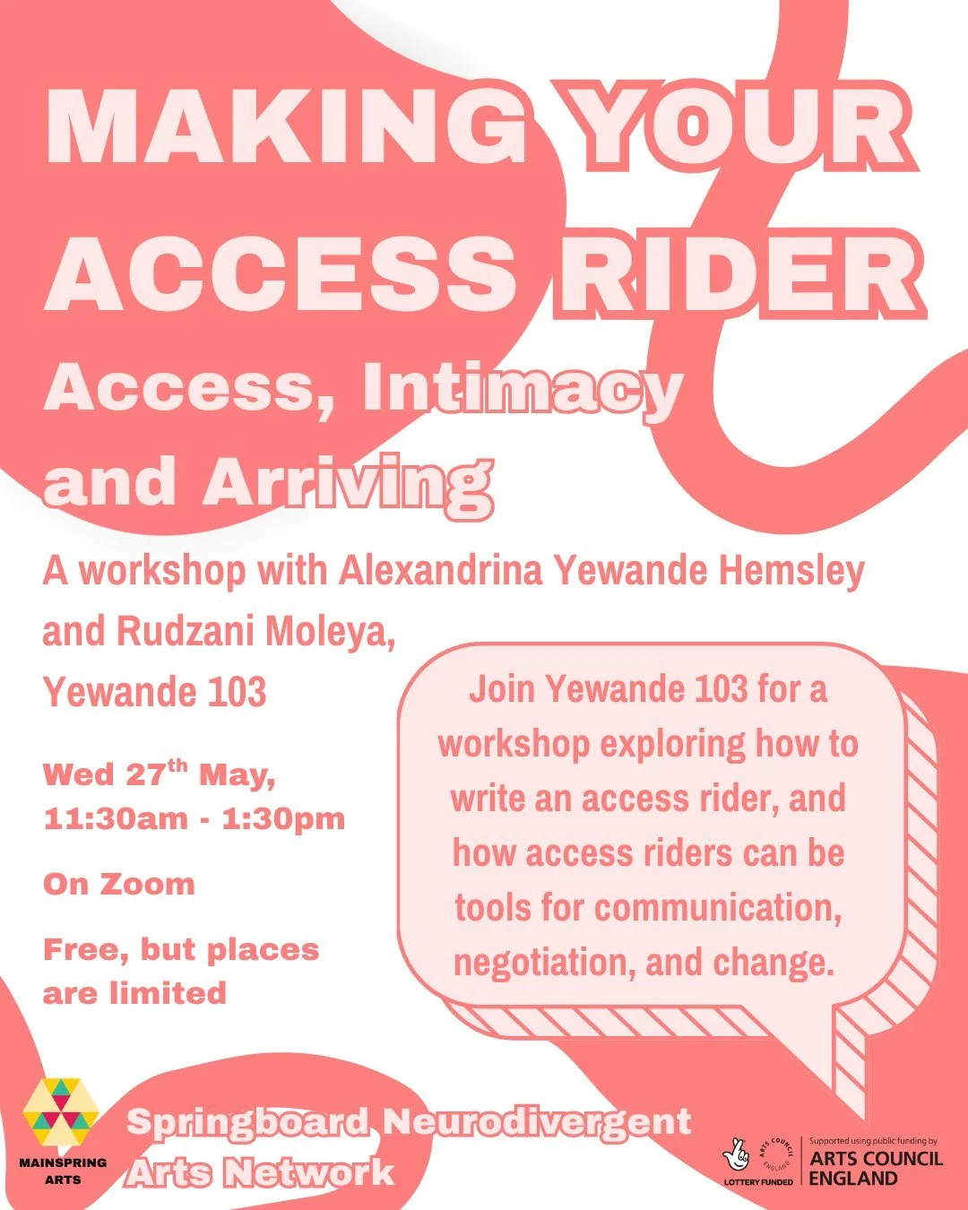 📣 Join us for the next Springboard Neurodivergent Arts Network event... 📣

Making your access rider: Access, intimacy and arriving

A workshop with Alexandrina Yewande Hemsley and
Rudzani Moleya, @yewande103

🗓 Wednesday 27th May, 11:30am - 1:30pm