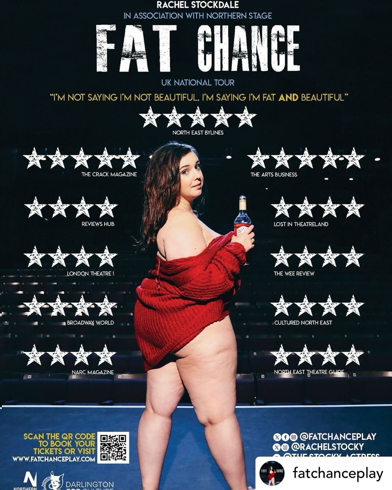 Looking forward to seeing TVA&rsquo;s @rachelstocky in her self penned @fatchanceplay this Friday night @camdenpeoplestheatre 🎭🎙️only on this Friday and Saturday, catch it while you can! 💜

Posted @withregram &bull; @fatchanceplay FAT CHANCE is co