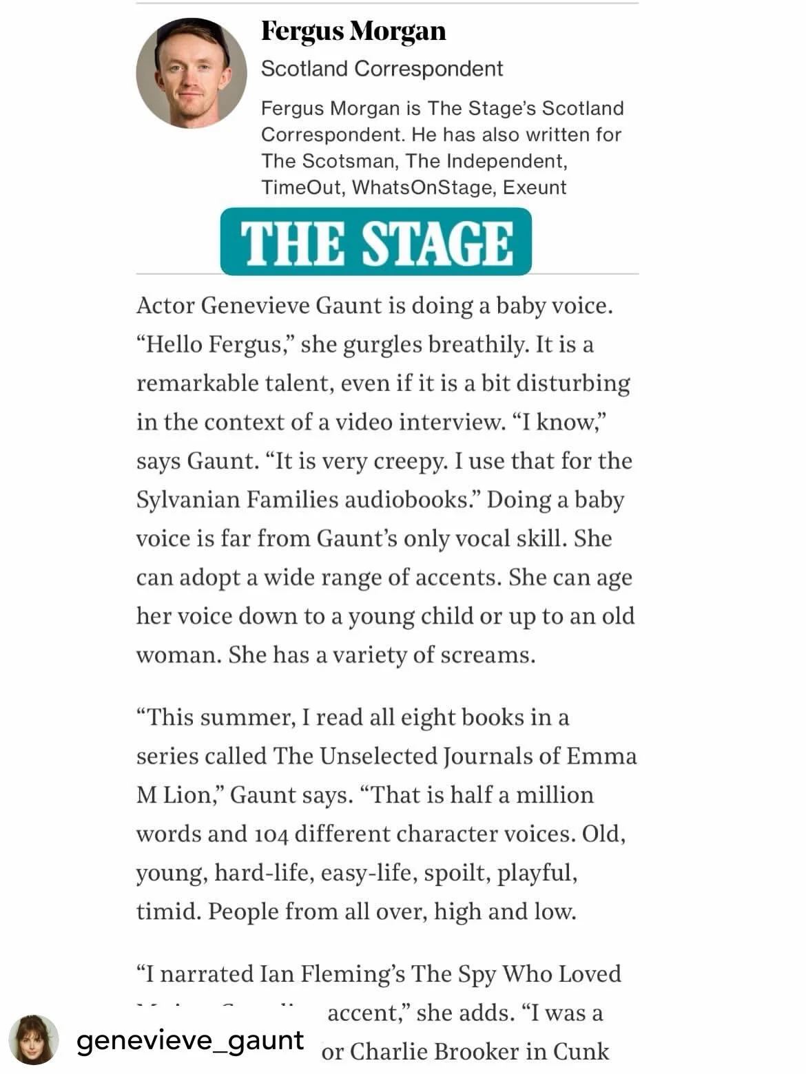 Honoured to have been asked by @fergus_morgan and @thestageuk to contribute to this very important article about the Audio side of our industry, especially alongside TVA&rsquo;s astonishingly brilliant @genevieve_gaunt 🎧🎙️✍️💜

Get @reshare_app &bu