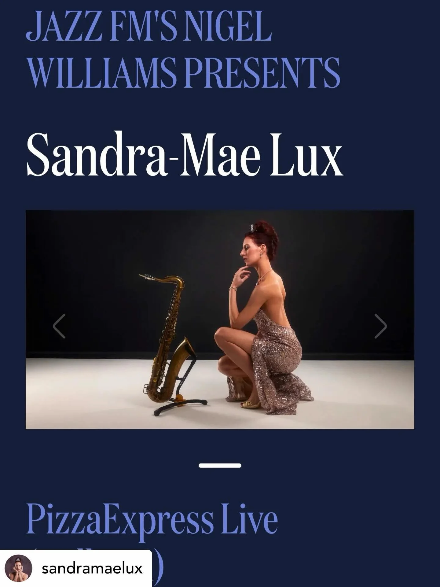 Don&rsquo;t miss TVA&rsquo;s extraordinarily talented @sandramaelux in her forthcoming showcase gig @pizzaexpresslive @jazzfmuk 🎤🎷🎼💜

Get @reshare_app &bull; @sandramaelux Thank you @jazzfmnigel and @jazzfmuk 😄 
Really excited for this one! Get 
