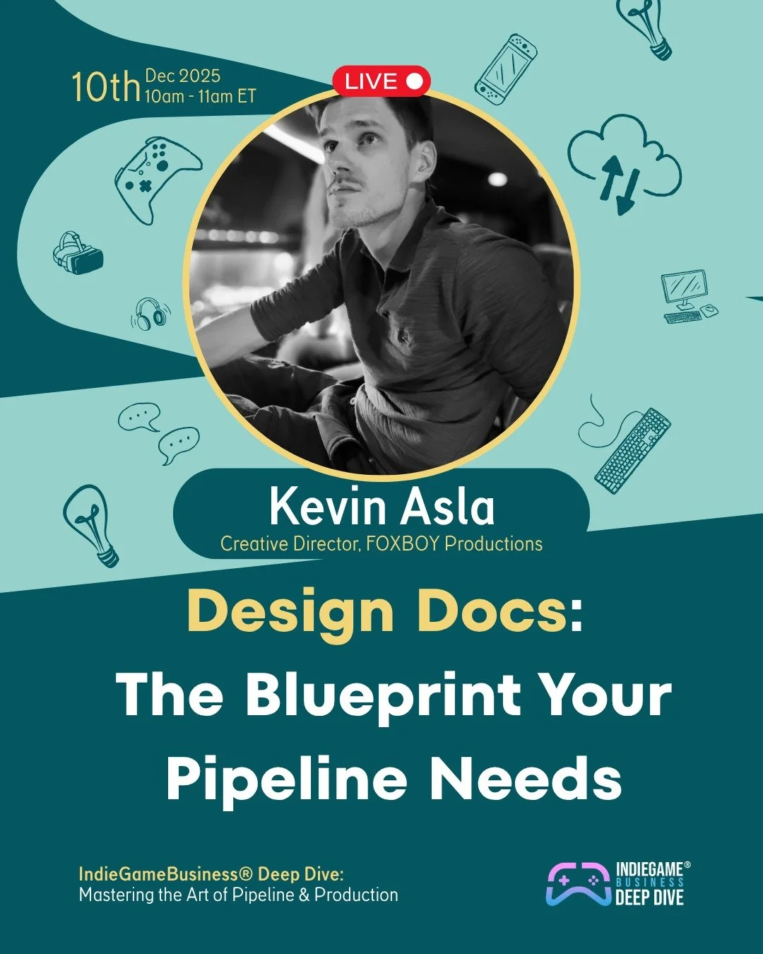 🎮 Join us LIVE with our Creative Director! 🎮
We're thrilled to announce that our Creative Director, Kevin Asla, will be speaking at @indiegamebusiness Deep Dive on December 10th!
📅 December 10th, 2025
⏰ 10am - 11am ET
🎯 Topic: &quot;Design Docs: 