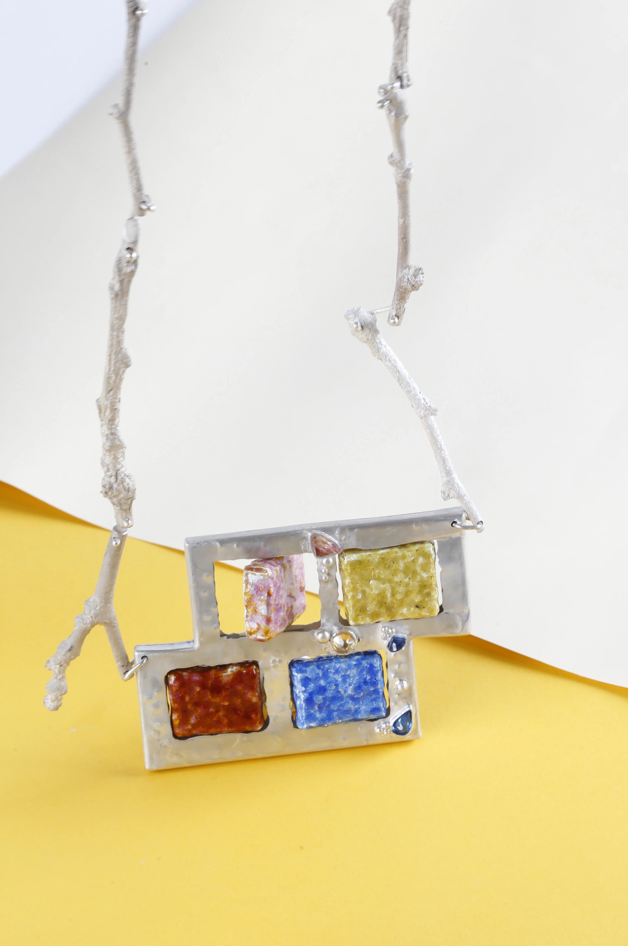 The Brick necklace, 2016; silver, vitreous enamel, gemstones.