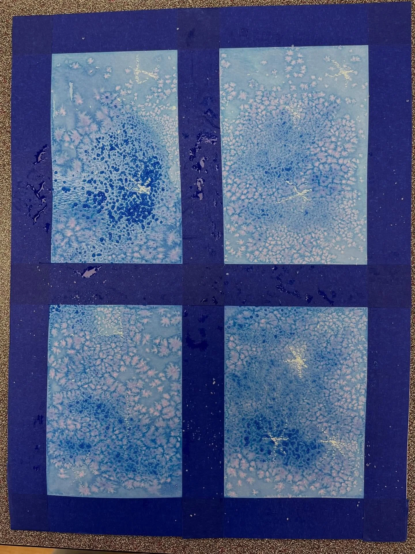 TCS 2nd Grade Art/Science - Winter Windows ❄️!
Students taped off watercolor paper to make it look like a window. They used clear wax crayon to create snowflakes  The wax resisted the watercolor paint as they painted over it. Then, they hypothesized 