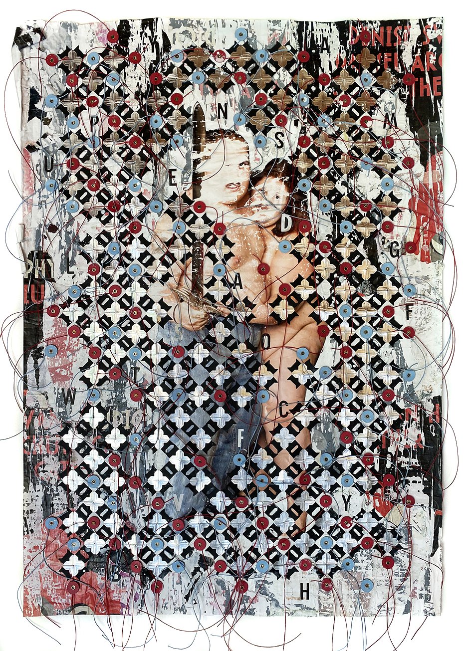 Untitled (Conjunctio), 2021, gesso, acrylic, button/string closures, photo corners, glue, and wheat paste on found posters, 34 x 23 inches.