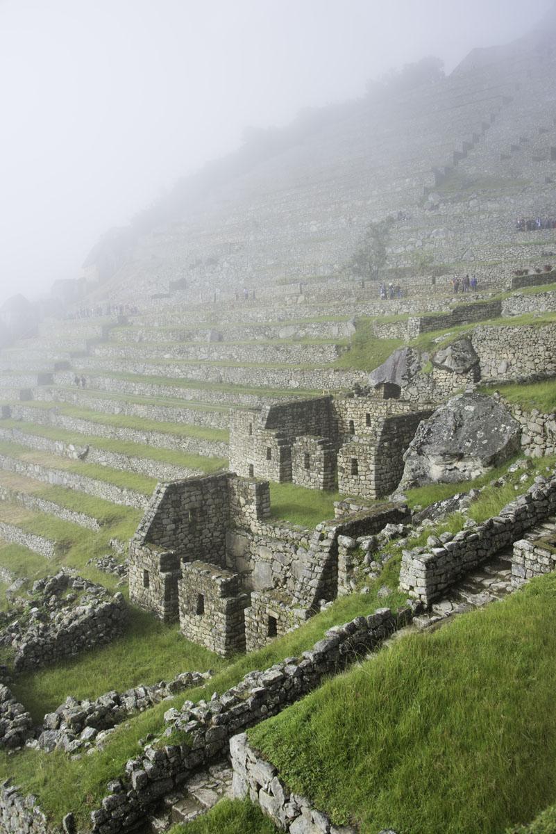 Stairs and buildings on a hillside at Machu Picchu