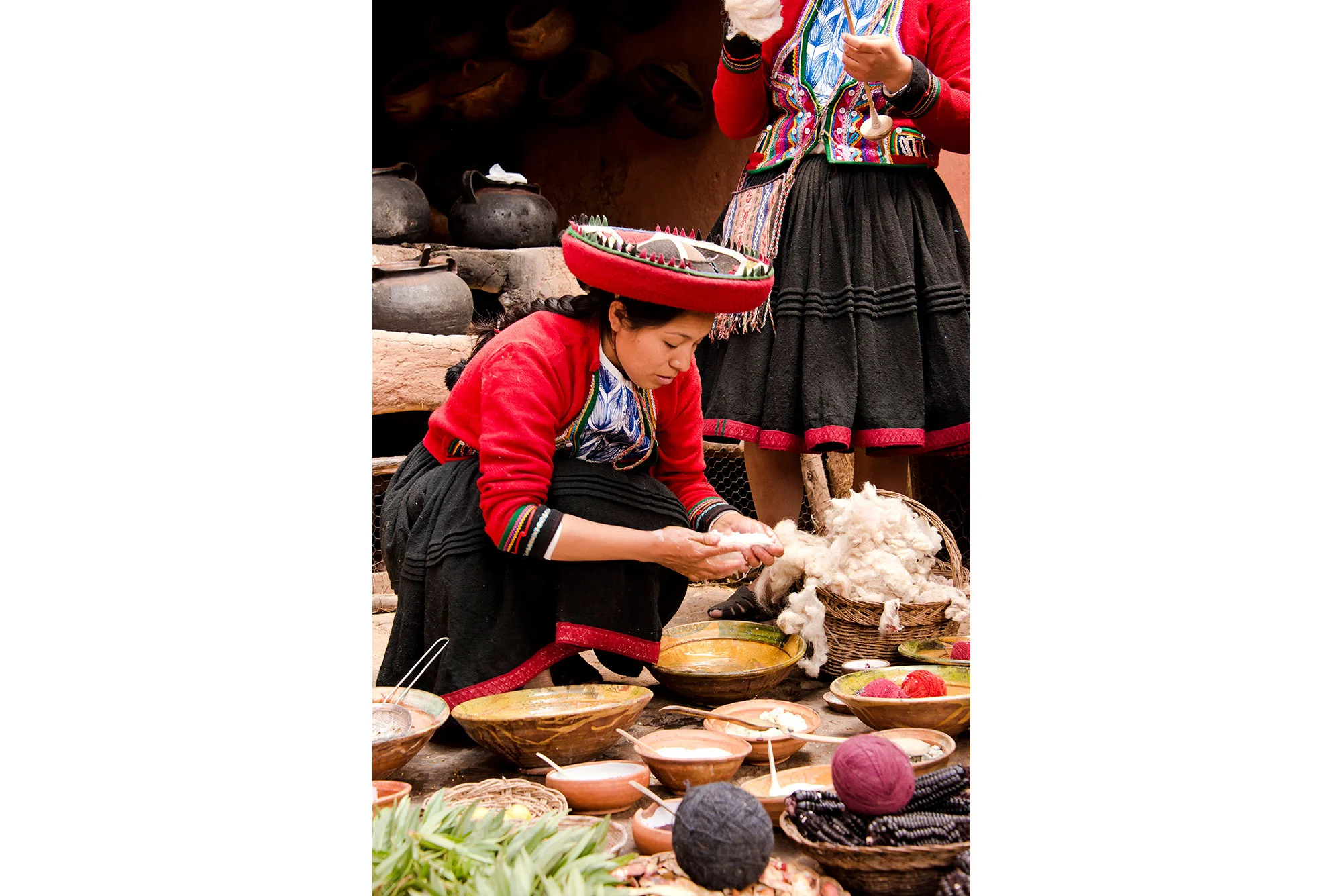 Woman Dyeing Wool in Peru
