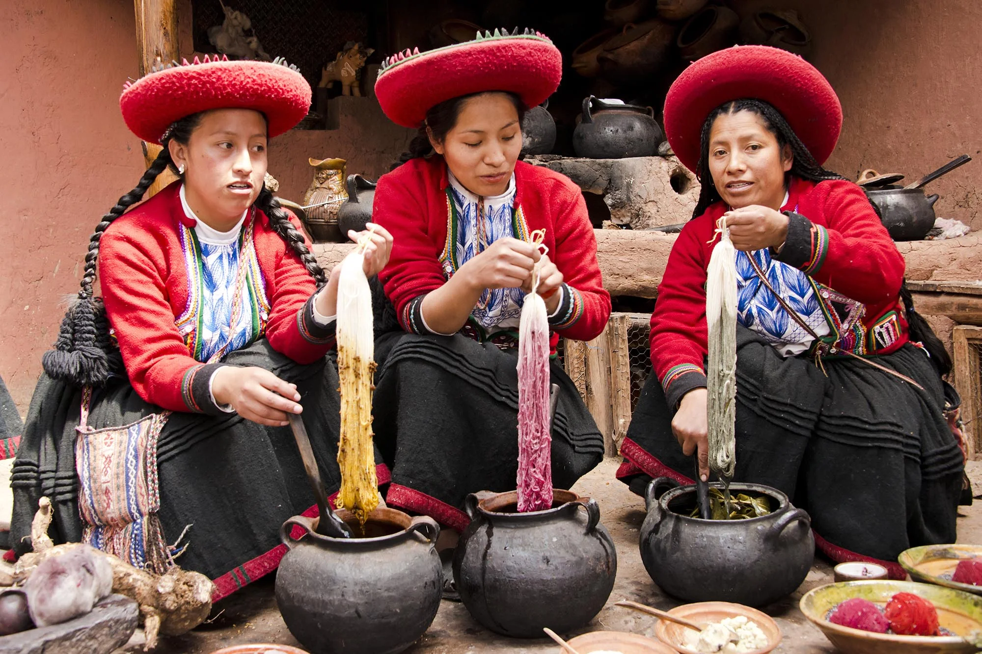 Women Dyeing Wool in Peru