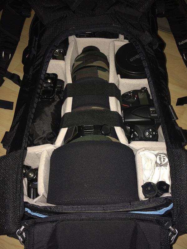 View of the photographic gear inside the ICU, inside the Tilopa BC bag.