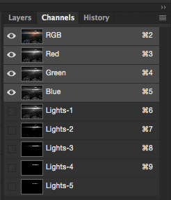 Lights 1-5 created in the channels panel.