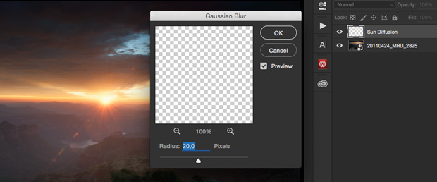 Gaussian blur dialog box.