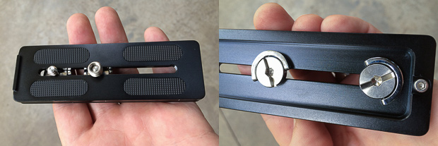 The included Arca-Swiss style lens plate, with ability to tighten by hand and not by tool if needed.