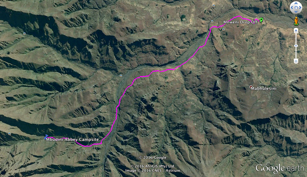 Our hiking trail mapped out in pink.