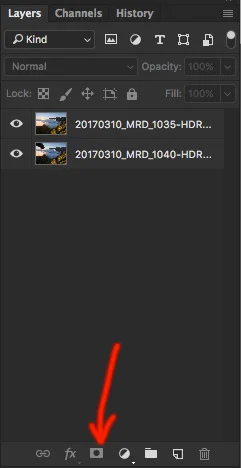Red arrow showing the "add layer mask button".