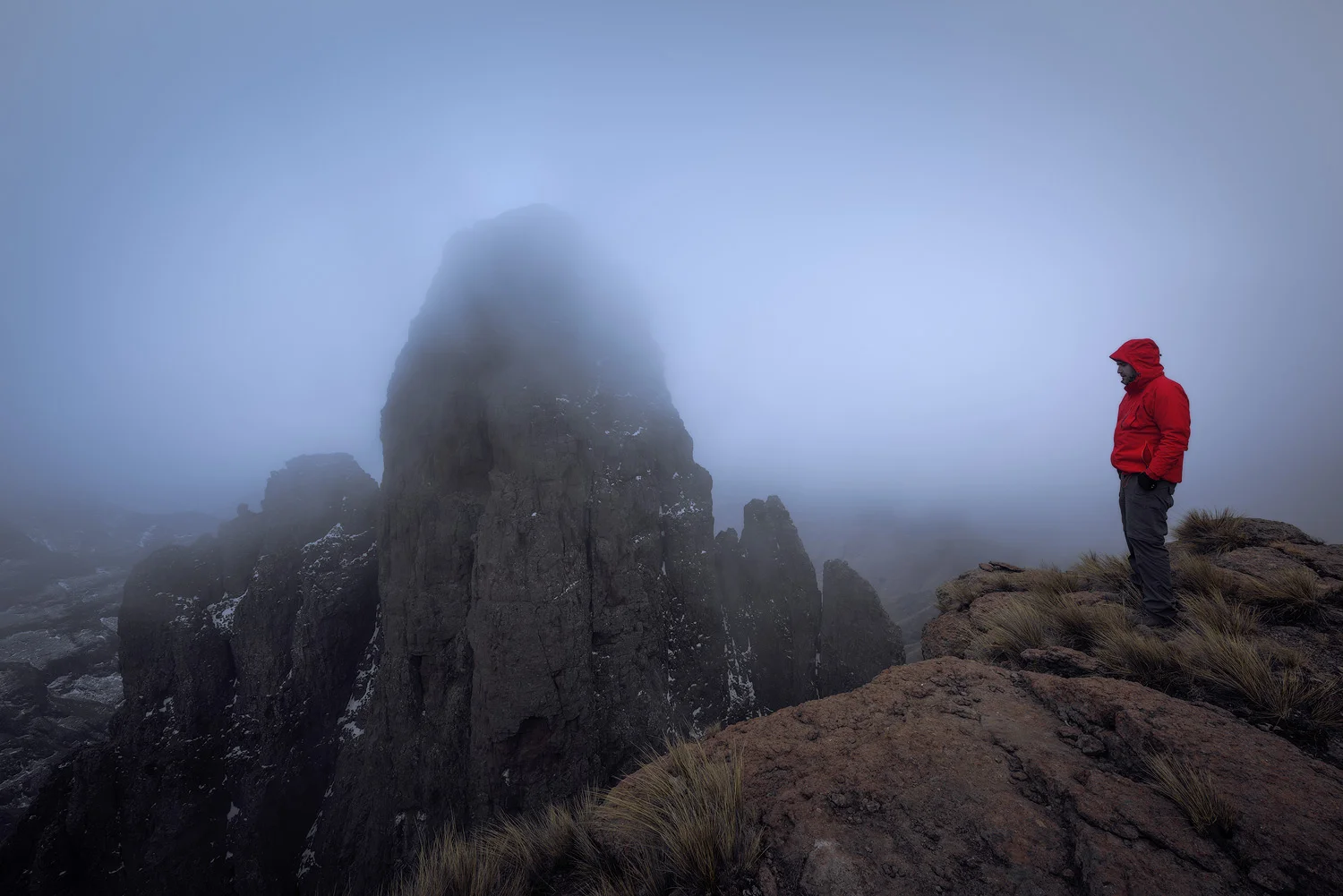 Self Portrait Drakensberg Mnweni Mponjwane Snow Mist Mountain Adventure Landscape Photo Jacket Red Hike Hiking