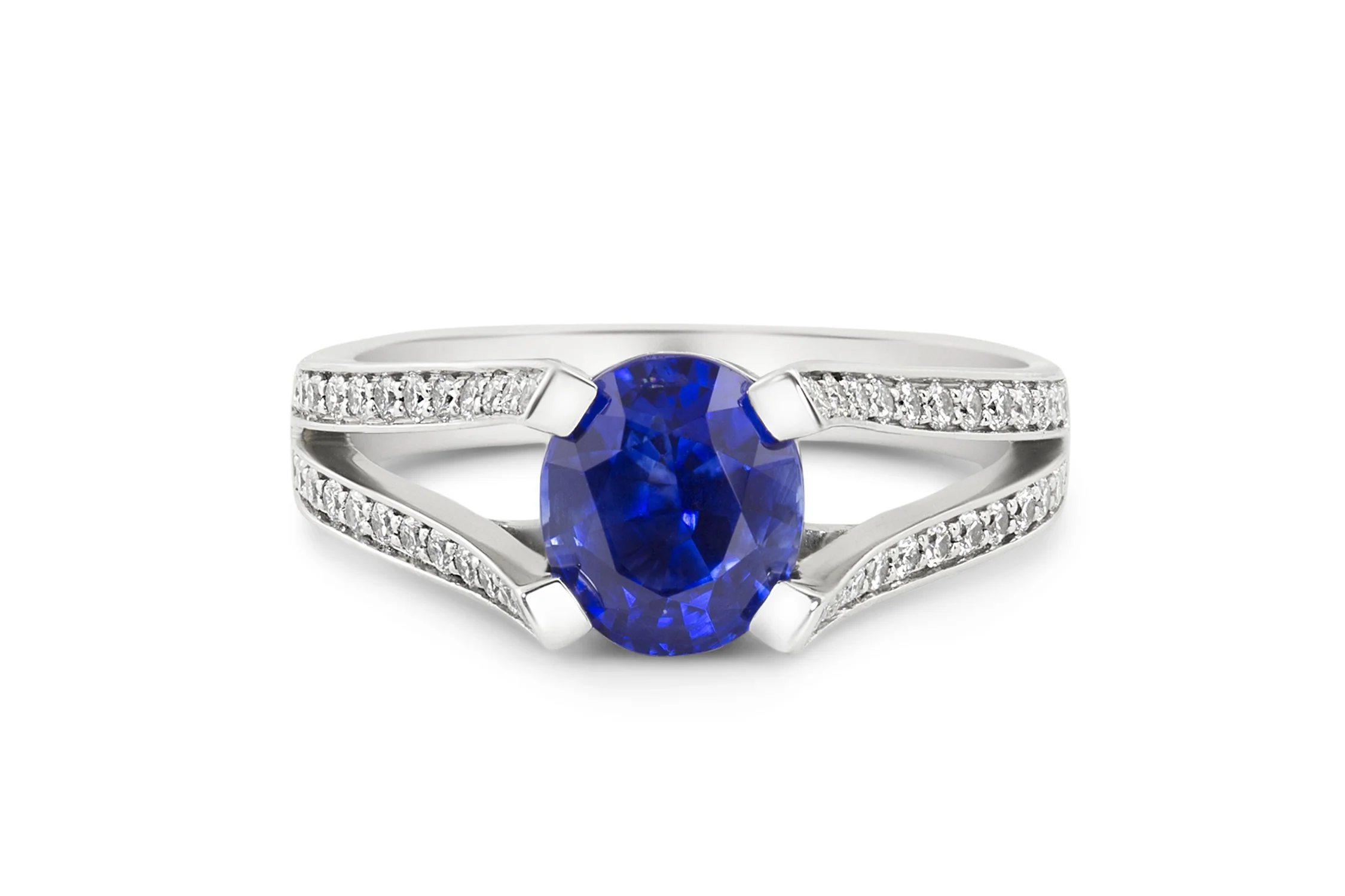 Platinum, diamond and sapphire ring ~ Ann Elizabeth Jewelry ~ 2.03ct Oval Brilliant Sapphire from Madagascar