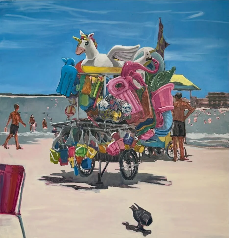🫟👙🛒🏖️🦄🐊⛱️🦩🪁🪽
&lsquo;buoyant ambulance&rsquo; / &ldquo;ambul&acirc;ncia de boias&rdquo; 
oil on canvas, 48x42 inches