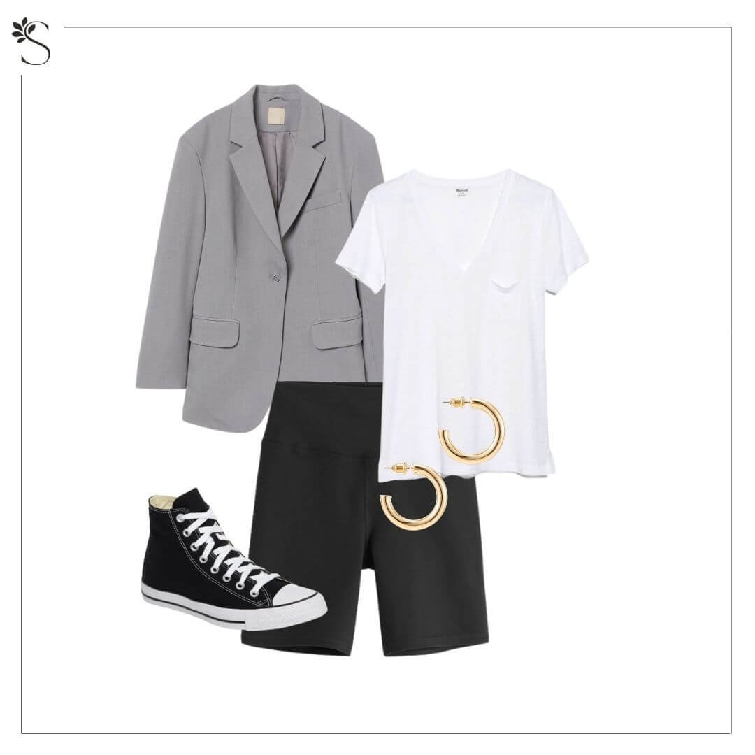 comfortable outfits for zoom  blazer and biker shorts