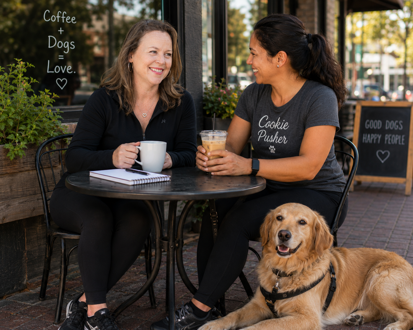 Two women force-free dog trainers collaborating over coffee at an outdoor cafe table, discussing notes while a relaxed golden retriever lies calmly at their feet.