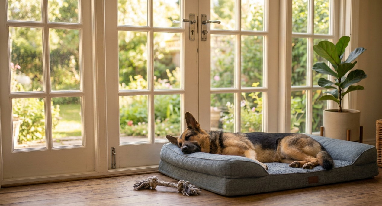 A German Shepherd sleeping peacefully on a grey orthopedic dog bed in front of large glass French doors overlooking a sunlit garden, with a rope toy lying on the wooden floor nearby.