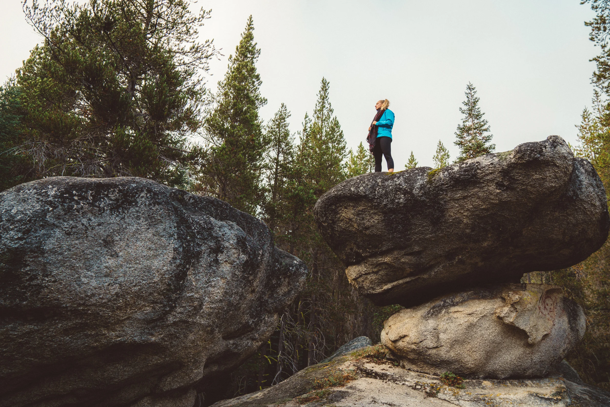 Danielle atop some massive and curiously balanced rocks at our campsite.