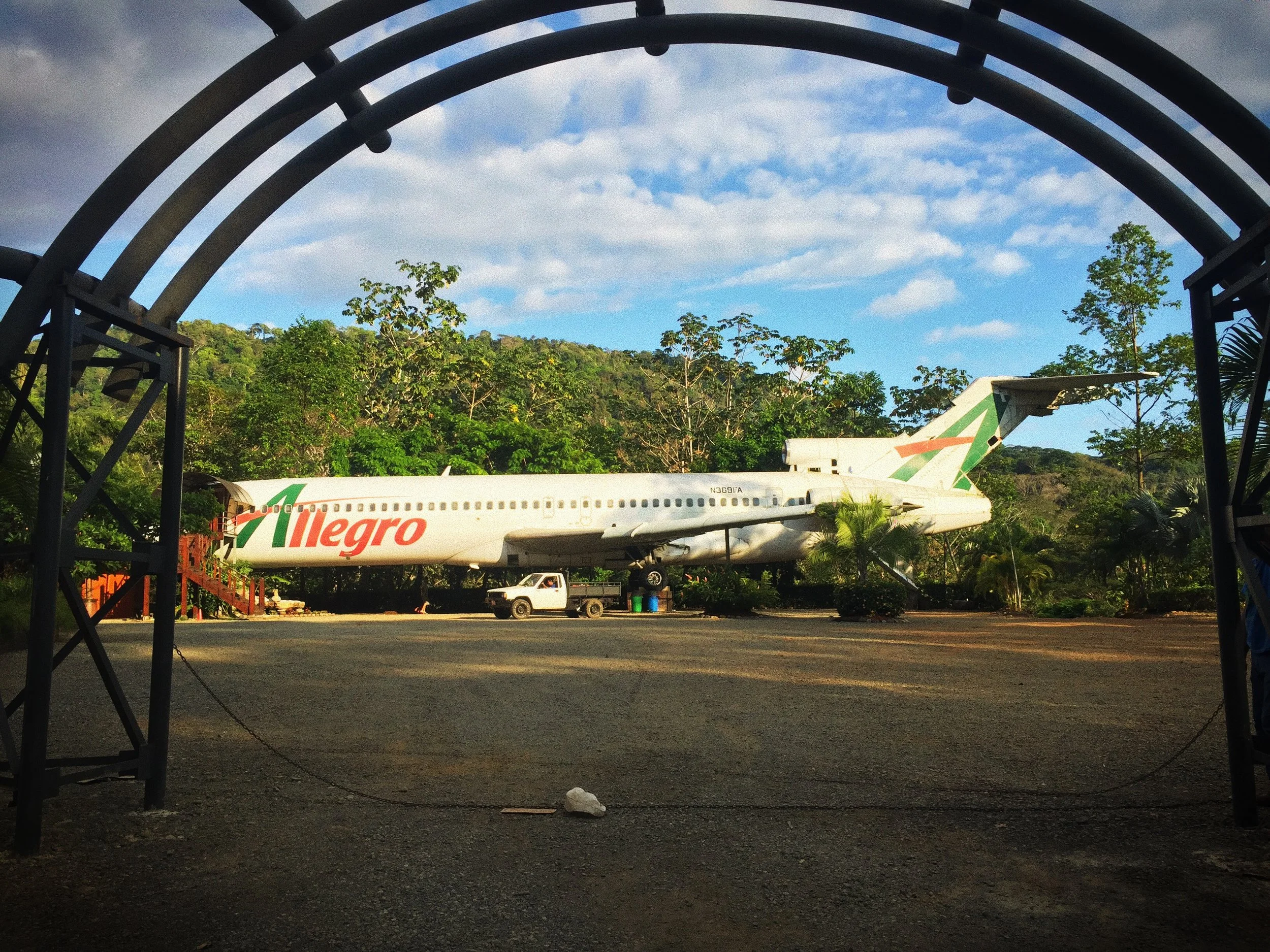 So the town of Dominical is located along Highway 34, right where the smaller Highway 243 meets it. One day we decided to drive a little bit along 243 looking for access to the river in order to filter water and bathe. Along the side of 243 was a small restaurant with this old commercial aircraft (737 I think?) in their parking lot.