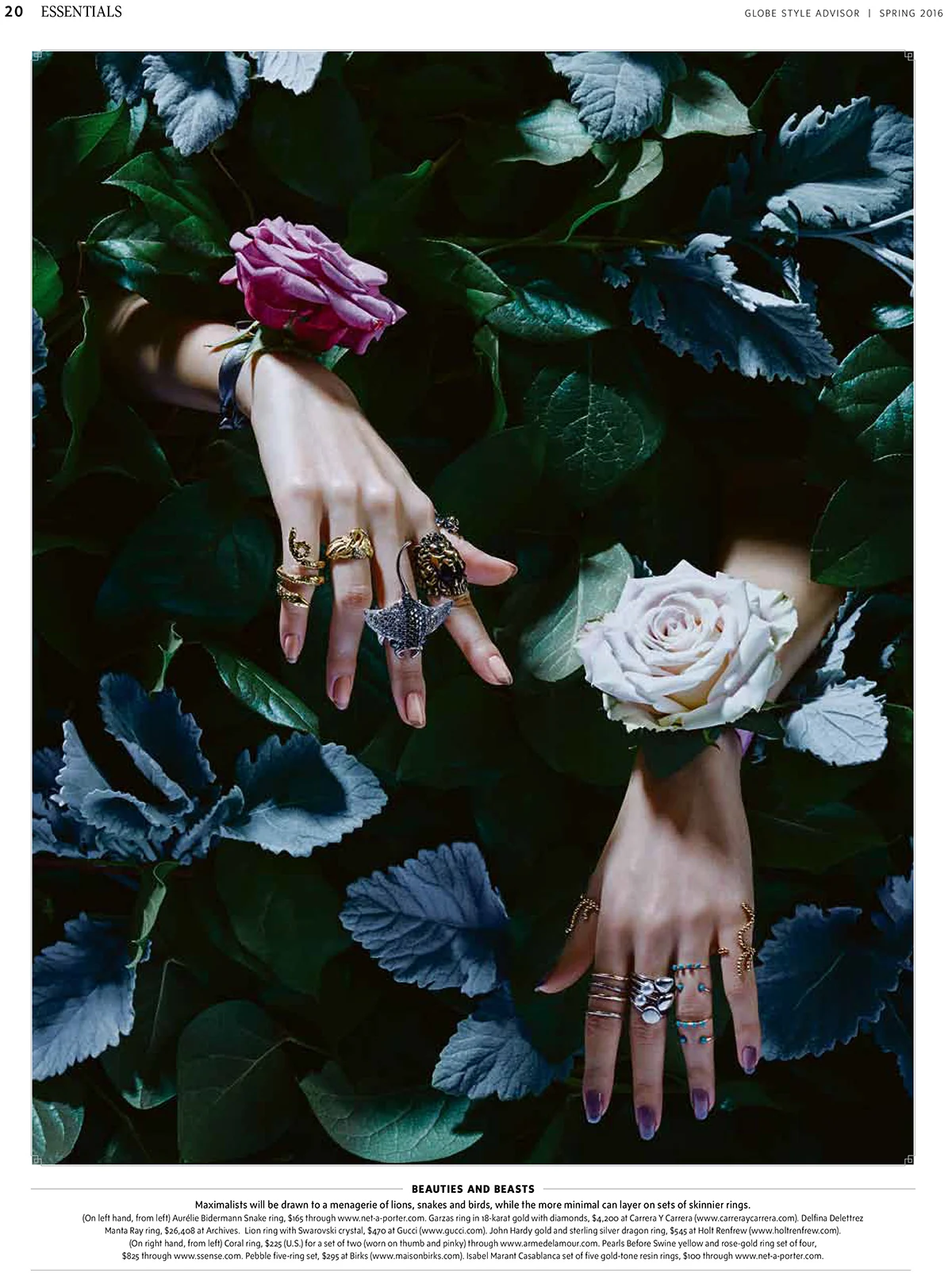 "The Ring's the Thing." Globe and Mail/Globe Style Advisor, Spring 2016. Photo: Saty + Pratha. Art Director: Benjamin MacDonald. Editorial Director: Andrew Sardone. Styling: Odessa Paloma Parker. Manicure: Rita Remark/Plutino Group