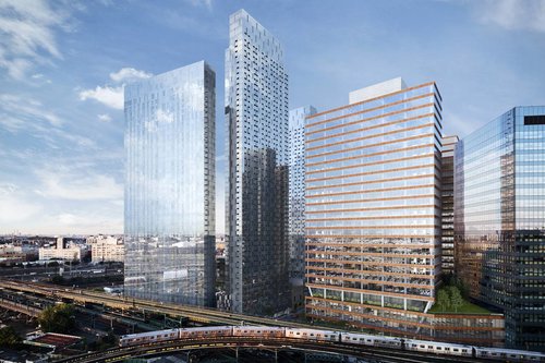 Rendering of Tishman Speyer's planned residential (left) and commercial (right) towers on Jackson Avenue in Long Island City (credit: Tishman Speyer)