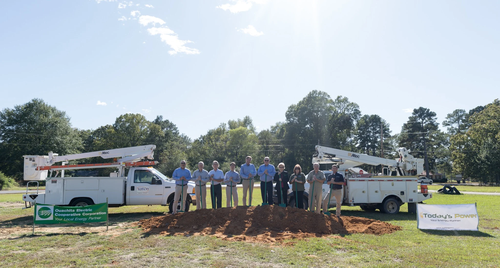 Members of TPI, SATCO, & OECC break ground at future solar site. (From left to right: Matt Irving (TPI), (SATCO), David Wells (SATCO), Lang Wells (SATCO), Mark Lundy (SATCO), Mark Cayce (OECC), Wanda Taylor (OECC), Lisa Hendrix (OECC), Dr. Corbit Lamkin (OECC), Robby Stinnett (OECC).)
