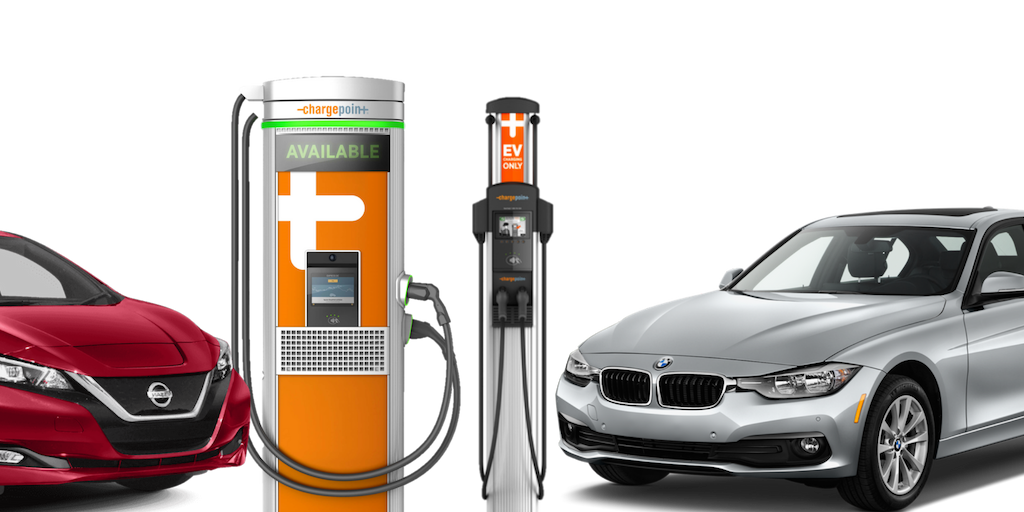 Nissan Leaf, ChargePoint DC Fast Charger, Level 2 Charger, and BMW Hybrid